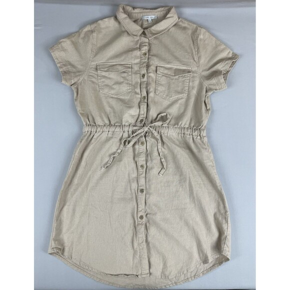 Love Tree Linen Blend Button Front Collared Mini Dress Women’s LG Khaki Safari - Picture 3 of 15